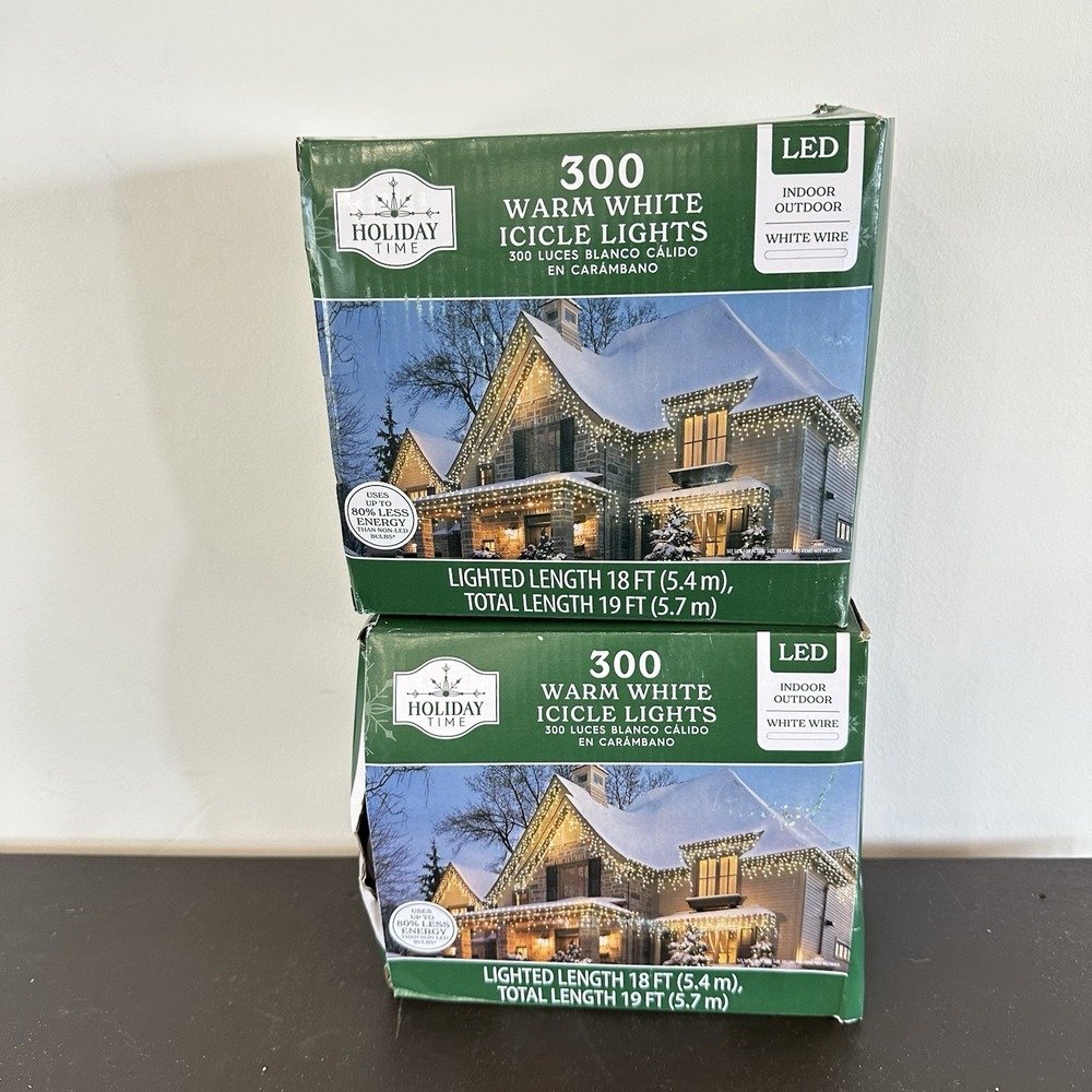 New Holiday Time LED Icicle Christmas Lights Warm White 300 Count, 18 ft 2 PACK